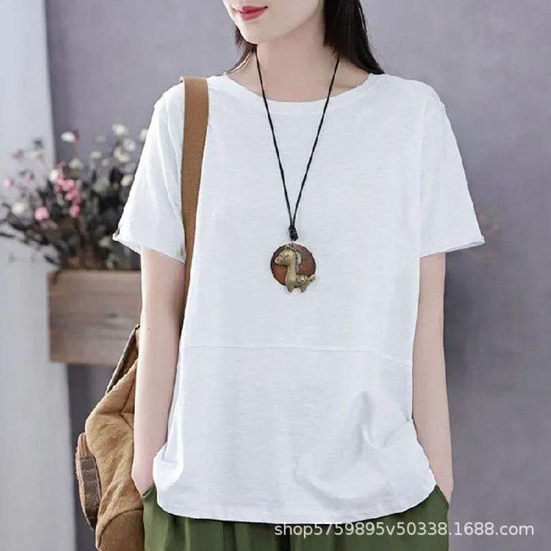 Summer New 2023 Korean Large Women\'s Clothing Short Sleeve Round Neck Tee T-shirt Loose Versatile Solid Color Vintage Tops