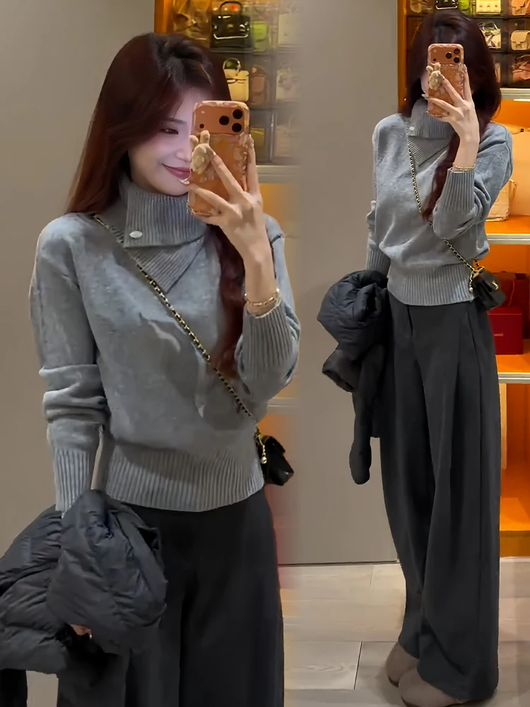 خريف شتاء جديد Sle طويل Sve محبوك سترة المرأة Faion أيقونة الحد من العمر فضفاضة تناسب عالية طوق اللون