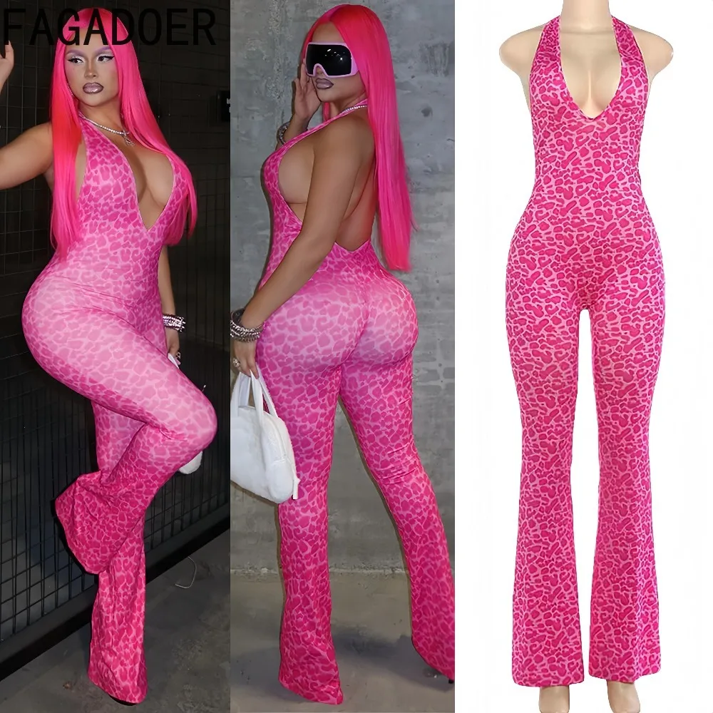 FAGADOER Sexy Leopard Print Patchwork Bodycon Jumpsuits Woman Halter Deep V-neck Sleeveless Rompers Female Streetwear Overalls