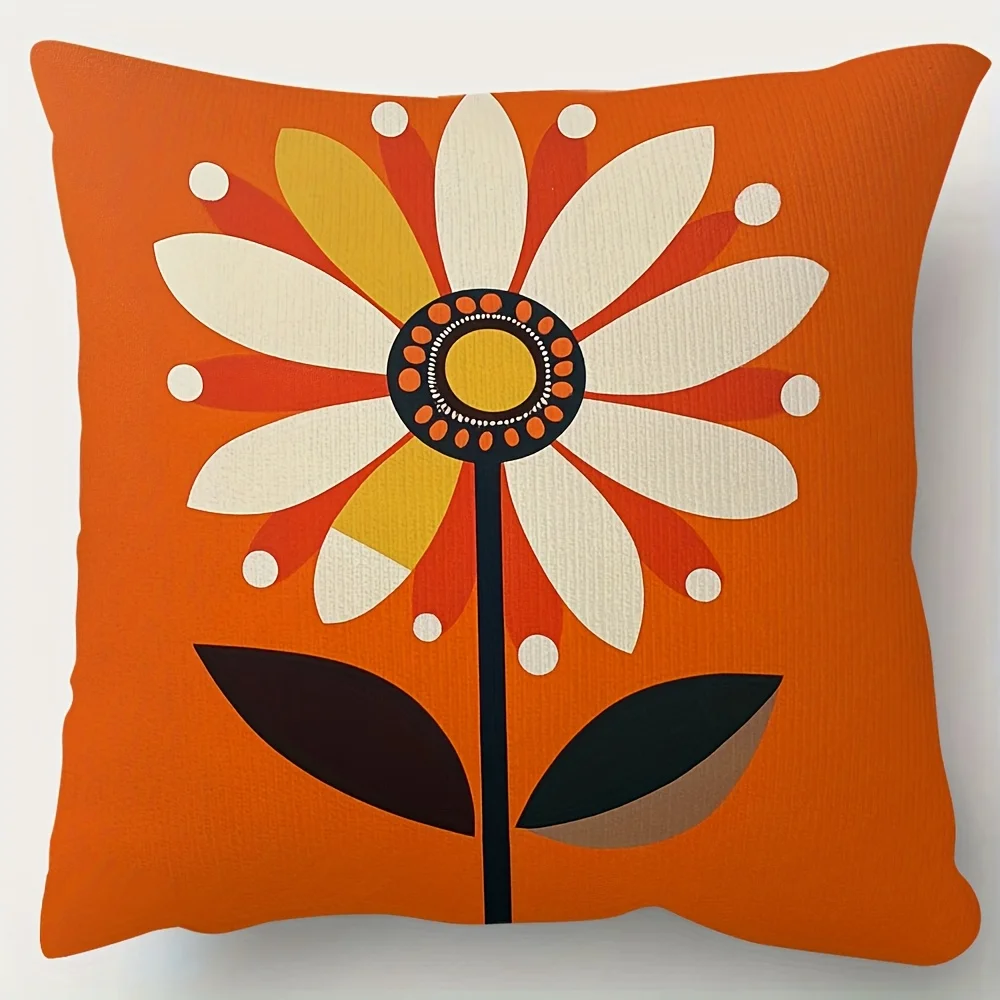1pc, Mid-Century Modern Orange Floral Pattern Pillowcase - Single-Sided Print, Short Plush Decorative Pillowcase with Zipper Closure, Suitable for Sofa, Living Room, Bedroom, Office Home Decor, Polyester Fiber Material, Pillow Insert Not Included