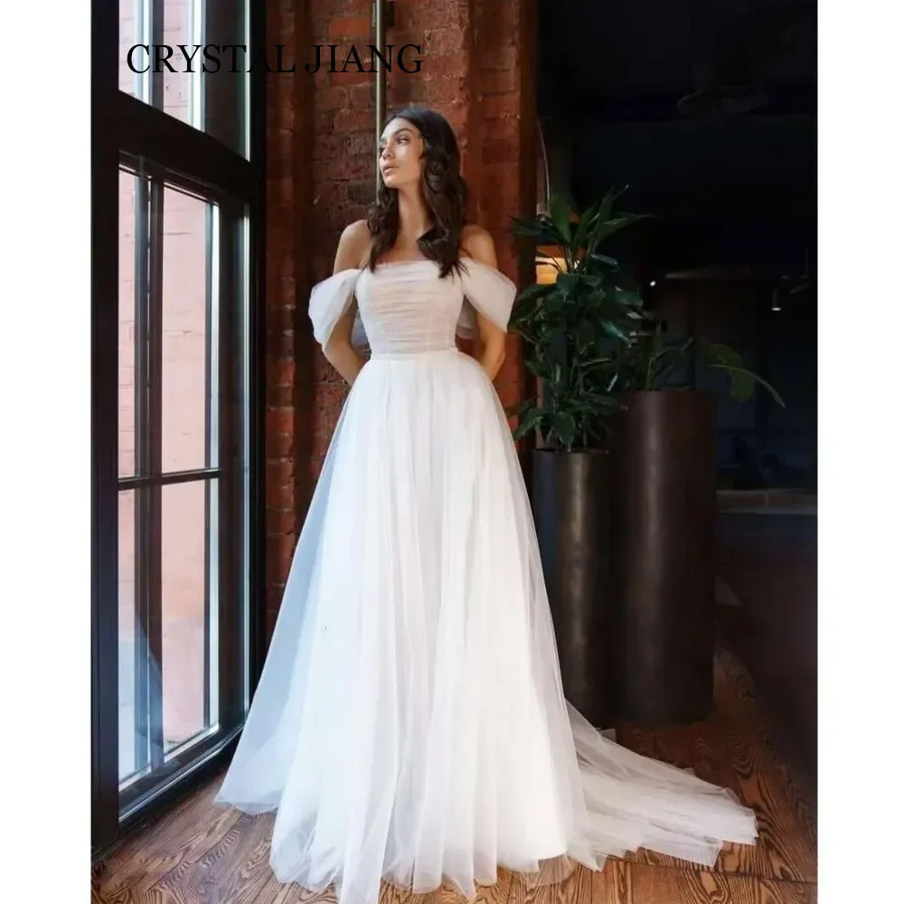 Simple Long Off the Shoulder Tulle Wedding Dresses Short Sleeves A Line Sweep Train فساتيني سهرة نساء حفلات