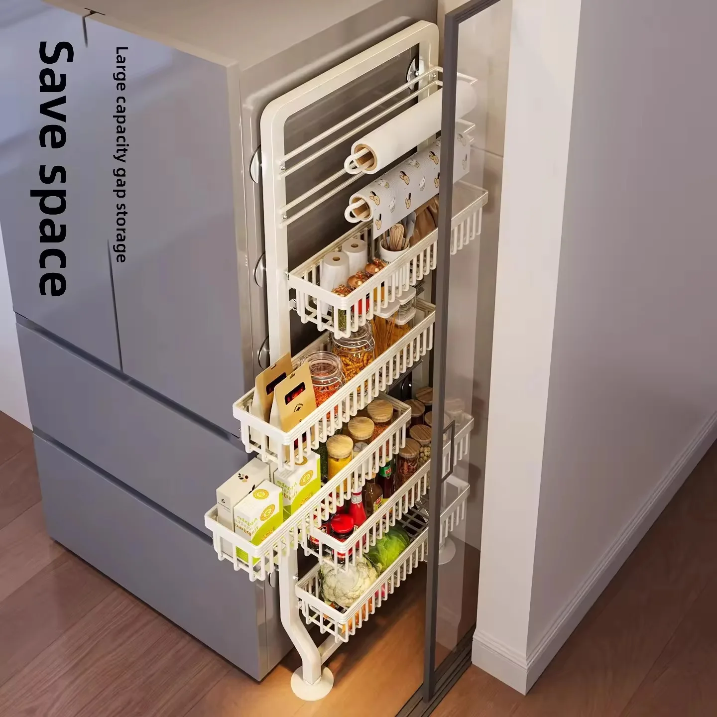 Slim Gap Storage Rack Direction Pull Out Fridge Side Organizer No Drill Wall Mount Carbon Steel Shelf Cabinet for Home Kitchen