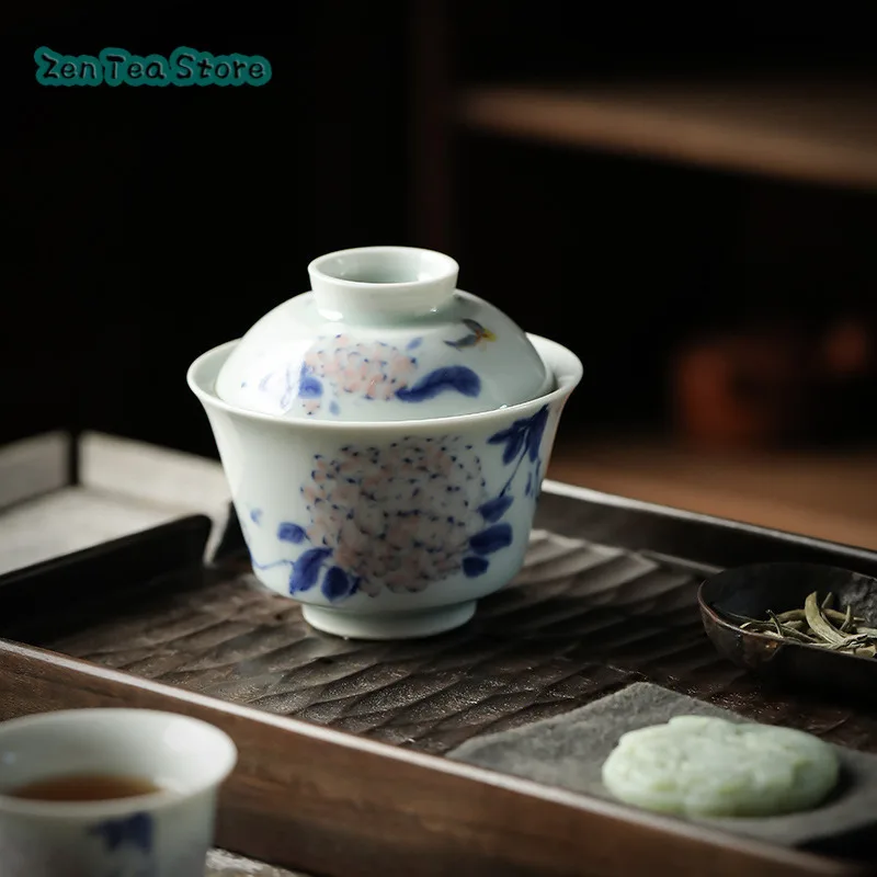 Hand-painted Hydrangea Flower Cover Bowl Ceramic Kung Fu Tea Set Household Small Two Tea Cup Is Not Hot Single Tea Bowl