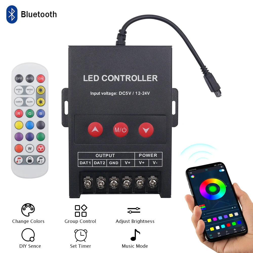 

DC5-24V Bluetooth Controller with 24Key IR Remote Control Full Color RGB Controller Use for WS2811 WS2812B RGB LED Strip Neon