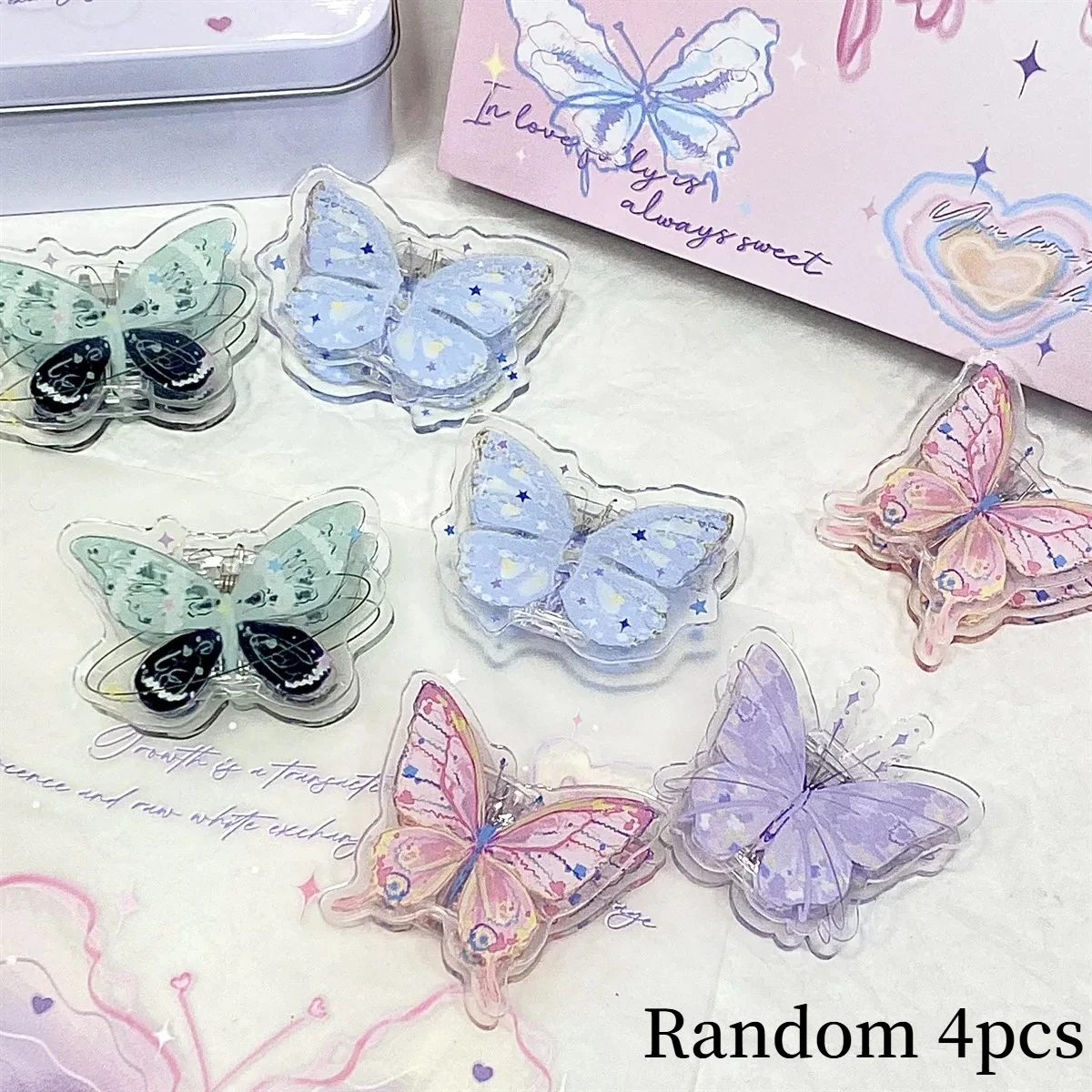 Random 4pcs Transparent Acrylic Paperclips Binder Clip Butterfly Stationary Clip Note Ticket Holder Clamp Organizer School Suppl