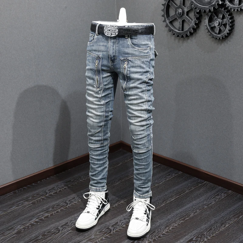 Street Fashion Men Jeans Retro Blue Elastic Stretch Slim Fit Ripped Jeans Men Zipper Patched Designer Hip Hop Denim Pants Hombre