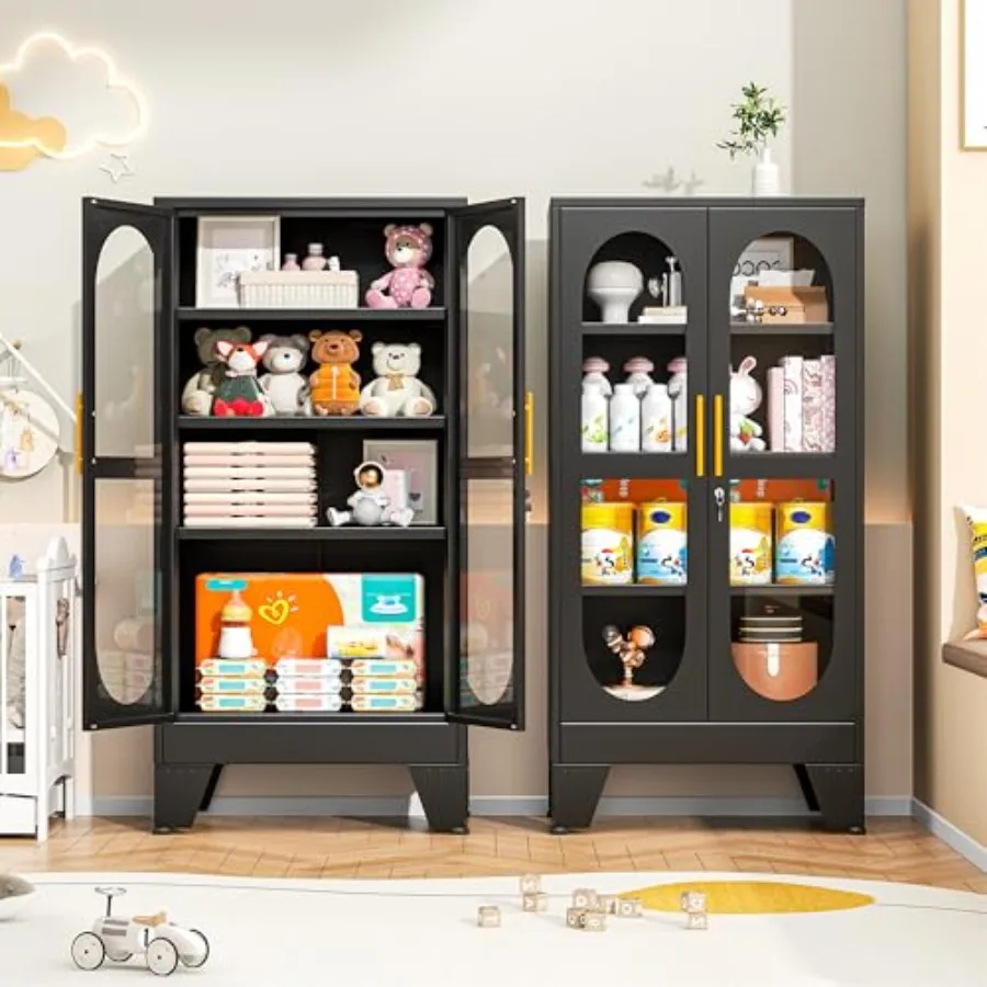 47 H Locking Display Cabinet for Living Room/Bedroom/Kitchen/Bar, Black Metal Curio Cabinet with Glass Door, 3 Adjustable Shelv view 3
