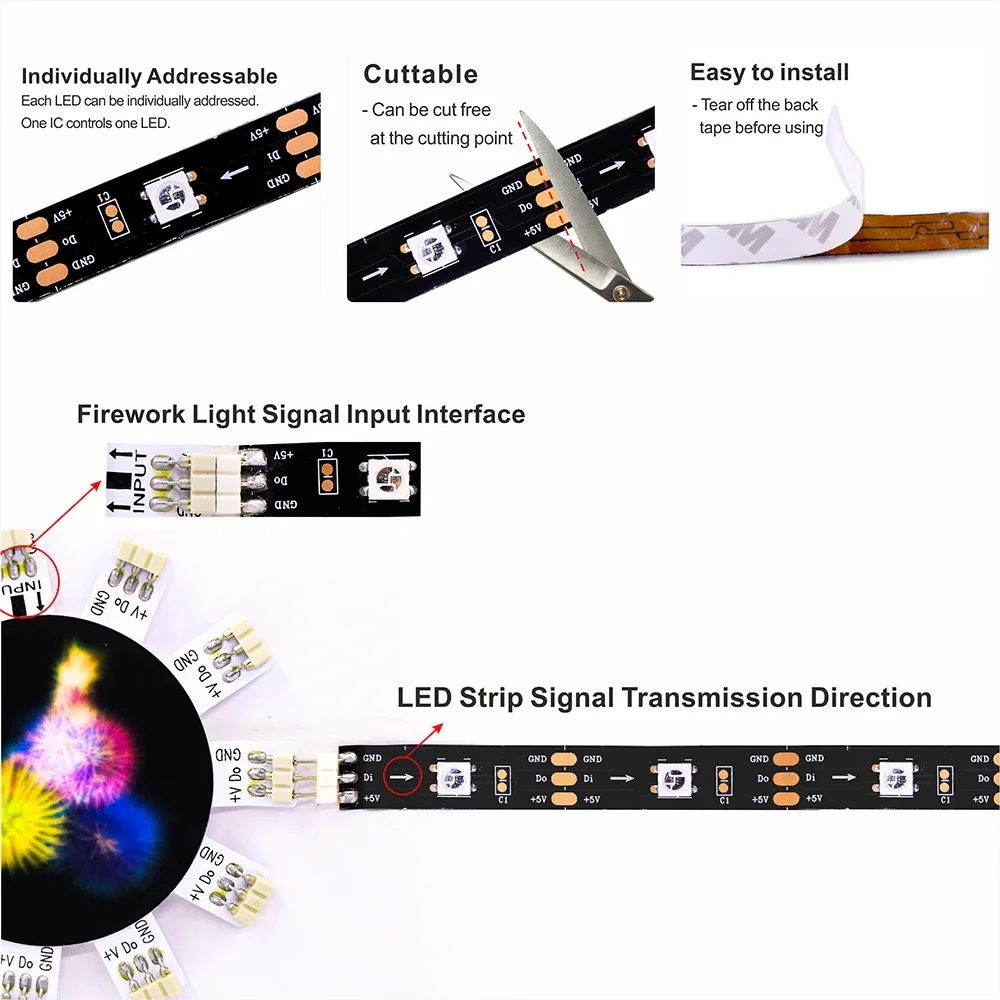 Fita de Luz Ambiente DC5V USB com Efeito de Fogos de Artifício, Módulo de LED Endereçável Individualmente, Controle Remoto, Bluetooth e Aplicativo para Música