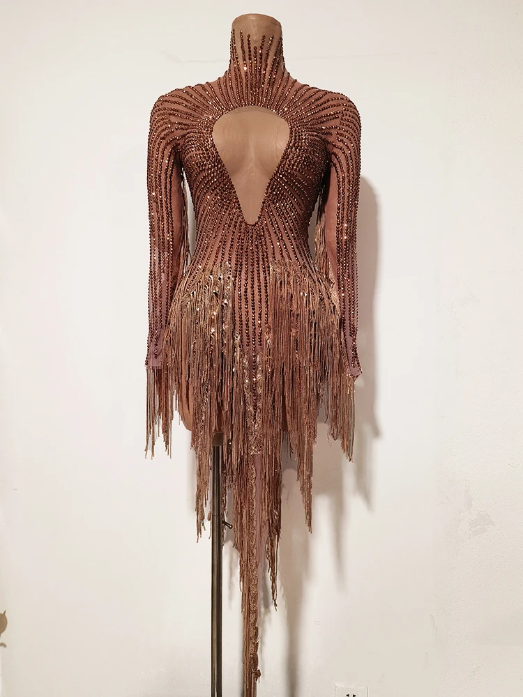 Vestido sexy marrón drag queen con borlas, Ropa de baile latino para mujer, celebración de pasarela, espectáculo, fiesta, club nocturno, actuación, traje de cantante