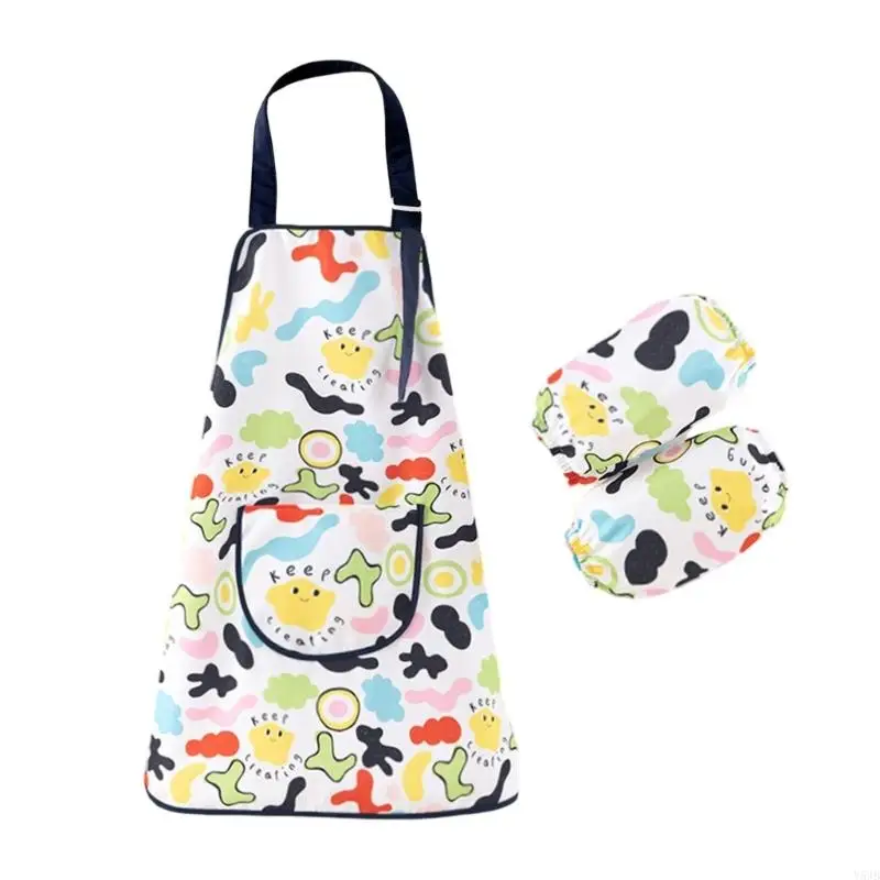 Y5JB Colorful Cartoon Pattern Art Apron Resistant Polyester Materials Coverall Easy Cleaning Childrens Wear Washable