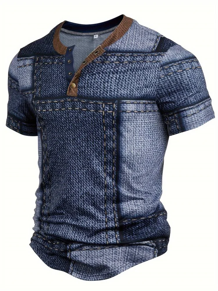 Fashion Men\'s Retro Denim Check Printing T-shirt V-neck Button Short Sleeve Oversized Casual Comfortable Summer T-shirt Clothing