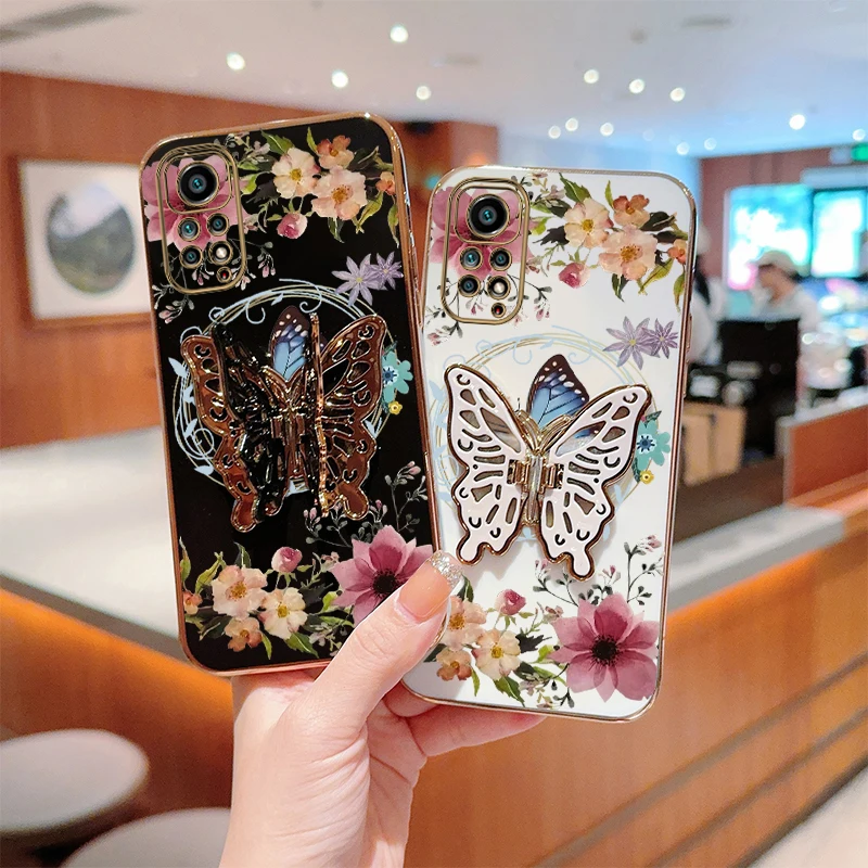 N ote 11 Flower Butterfly Plating Holder Phone Case For Xiaomi Redmi Note 11S 11Pro 11TPro 11EPro 10T 11T 11SE 12R 12S 12 Cover