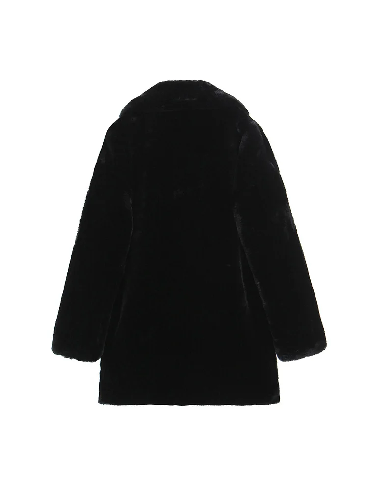 HH Woman Fashion Warm Jackets Pockets Turn-Down Collar Woman Long Sleeves Medium Length Artificial Fur Winter Coats Trendy