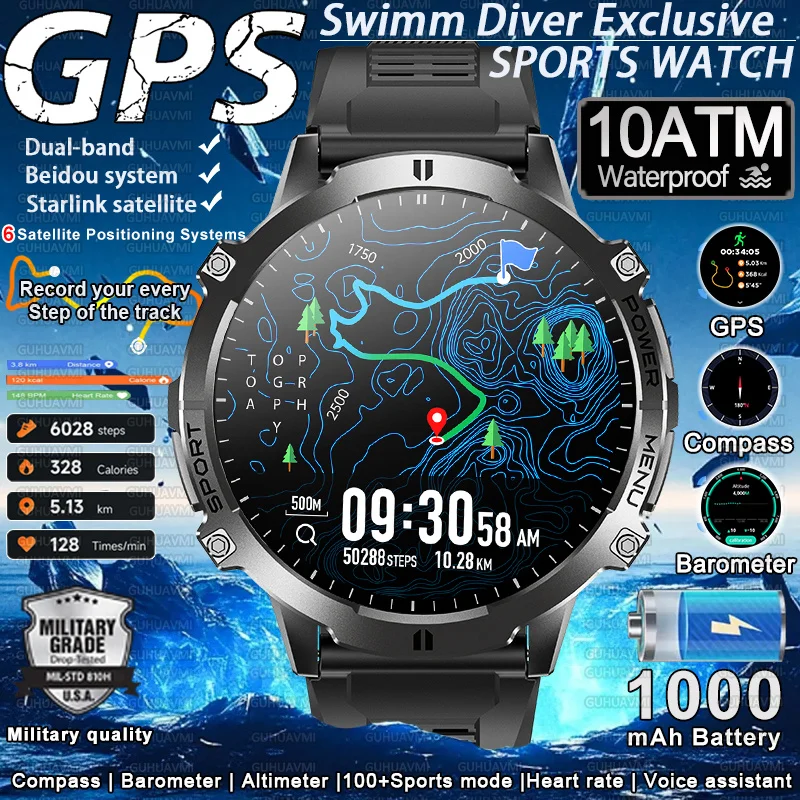 2026 HOT Fitness Smart Watch 1000mAh Large Battery Durable Compass Altimeter 10ATM Waterproof BT Call 100+Sports Men Bracelet