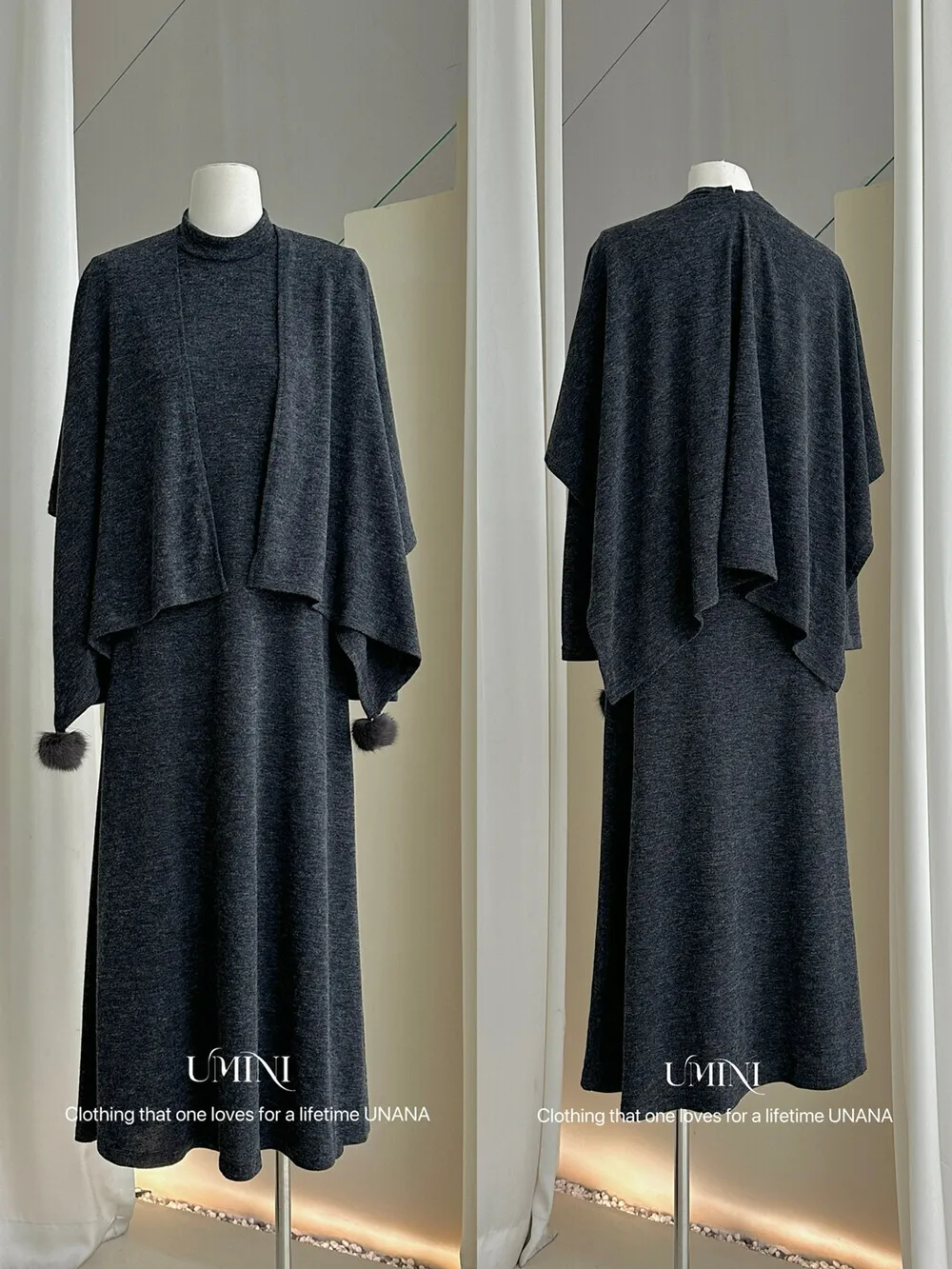 BJTZ Abito lavorato a maglia vintage da donna con pom pom design collo a scialle figura dimagrante lusinghiero manica lunga moda autunno inverno