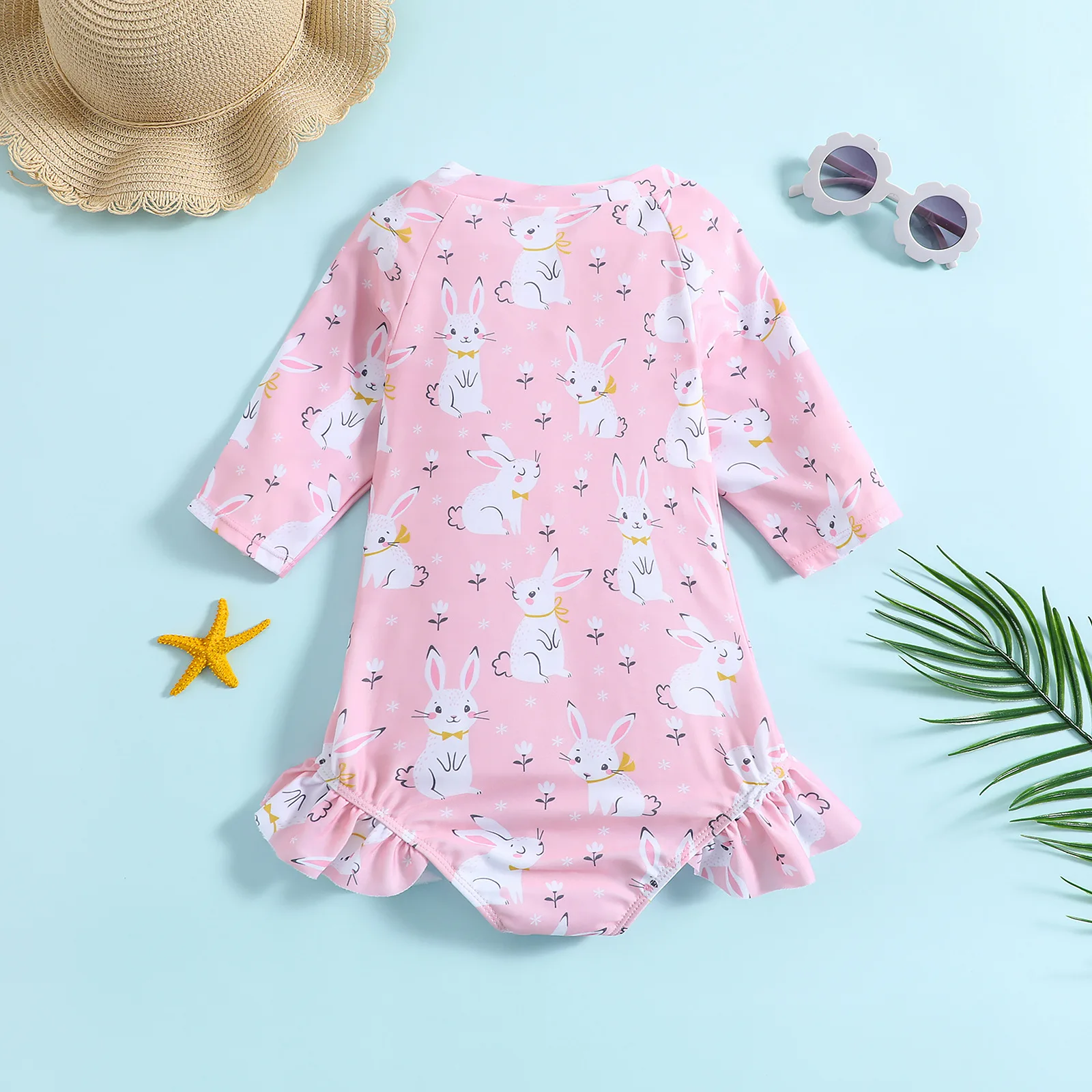 Baby one piece swimsuit with full print cute rabbit cartoon pattern,mid sleeve front zipper and leg ruffle design,suitable for p