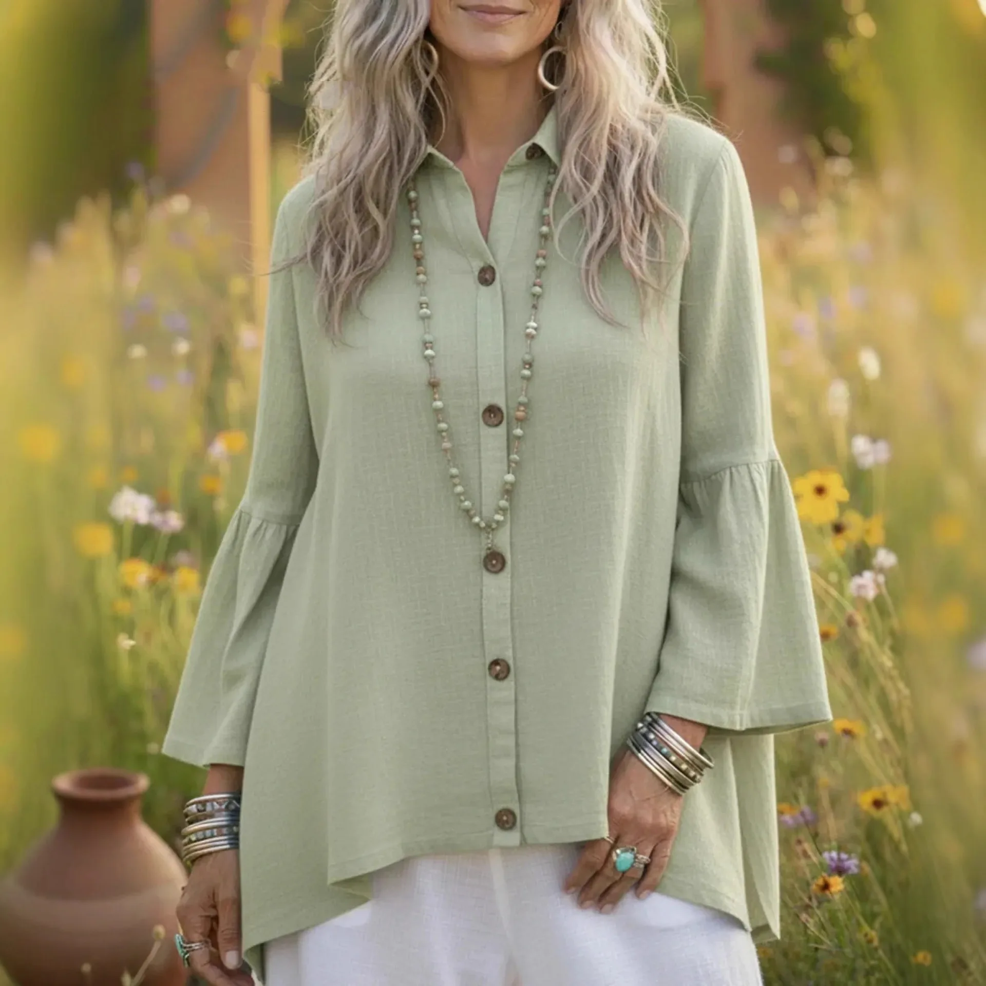 

Women's Casual Comfortable All-Match Shirt, 3/4 Bell Sleeve Loose Button-Down Blouse, Spring Summer Top