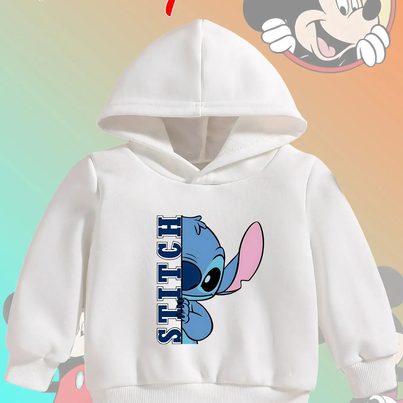 سويت شيرت بغطاء للرأس مريح وعصري للأطفال مطبوع عليه غرزة لطيفة من ديزني للخريف والشتاء للفتيات والفتيان في الهواء الطلق