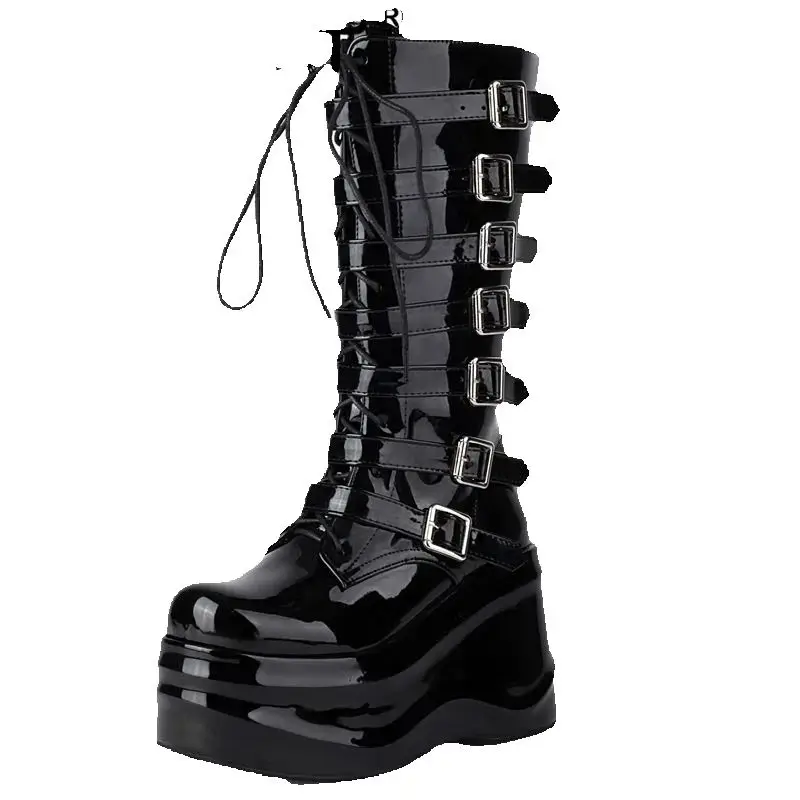 

ORCHA LISA Women Boots Round Toe Patent Leather Wedges 10.5cm Platform Hill 6.5cm Lace Up Booties Big Size 41 42 43 44 45 White