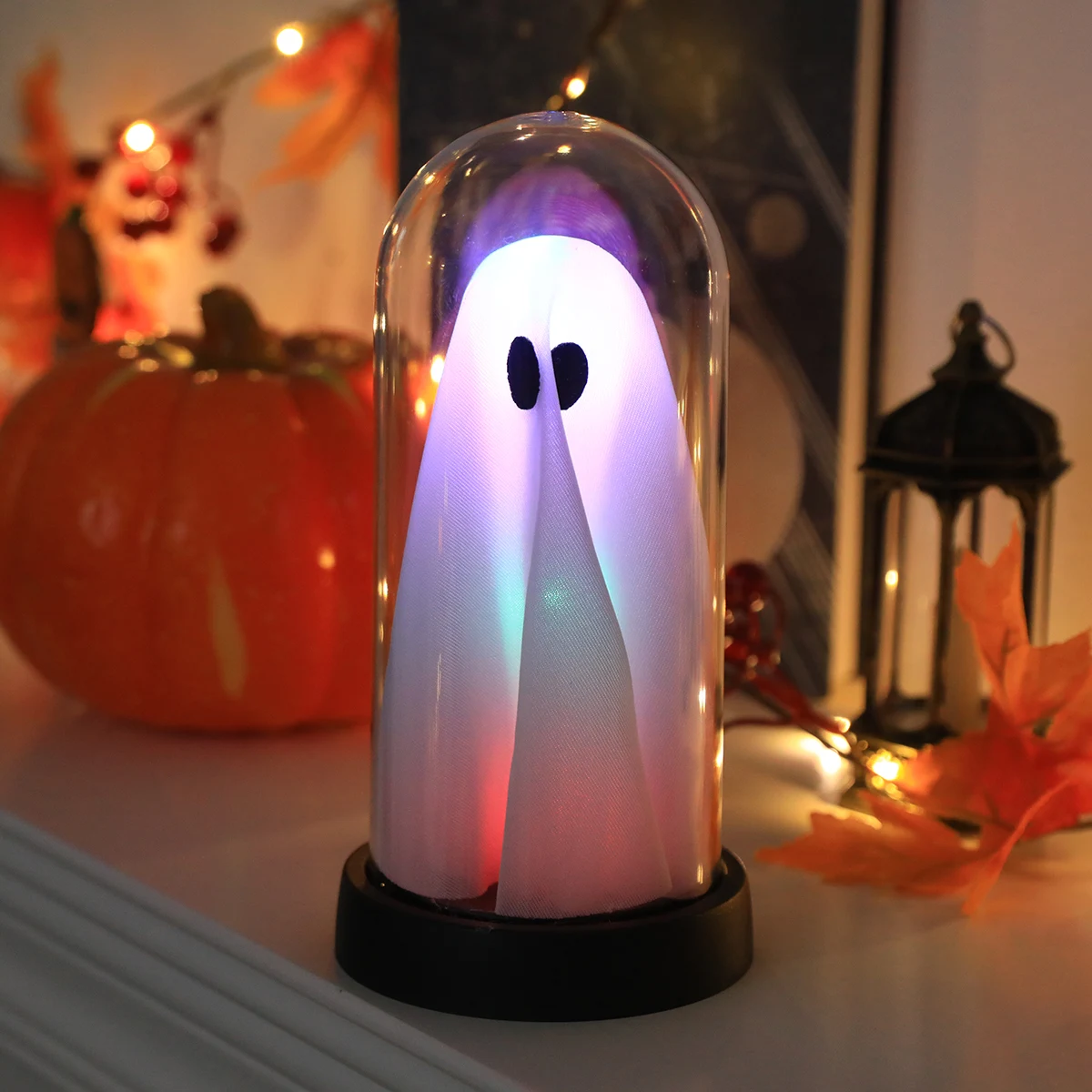 Adorable Spooky Wraith Bell Jar Lamp, Soft Fabric Ghost Indoor Ambient Nightlight, Battery Operated Festive Halloween Decoration