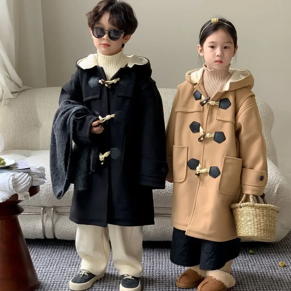 2023 Winter Kids overcoats Fleece Lining boys long style hooded coats girls thicken warm claw button trench jackets