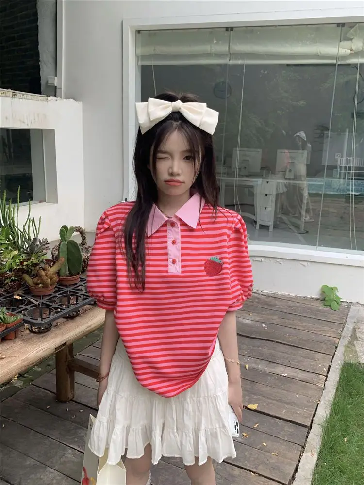 Polos para mujer, camisetas bordadas a rayas rosas, estilo coreano holgado Y2k Vintage de una pieza, ropa Emo de poliéster, camiseta femenina