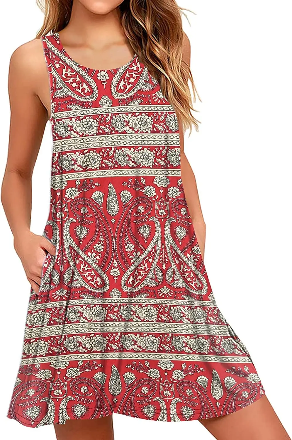 Damska sukienka bez rękawów z kieszeniami Bohemian Print Casual Dress Modna, luźna, temperamentna, modna sukienka midi bez rękawów