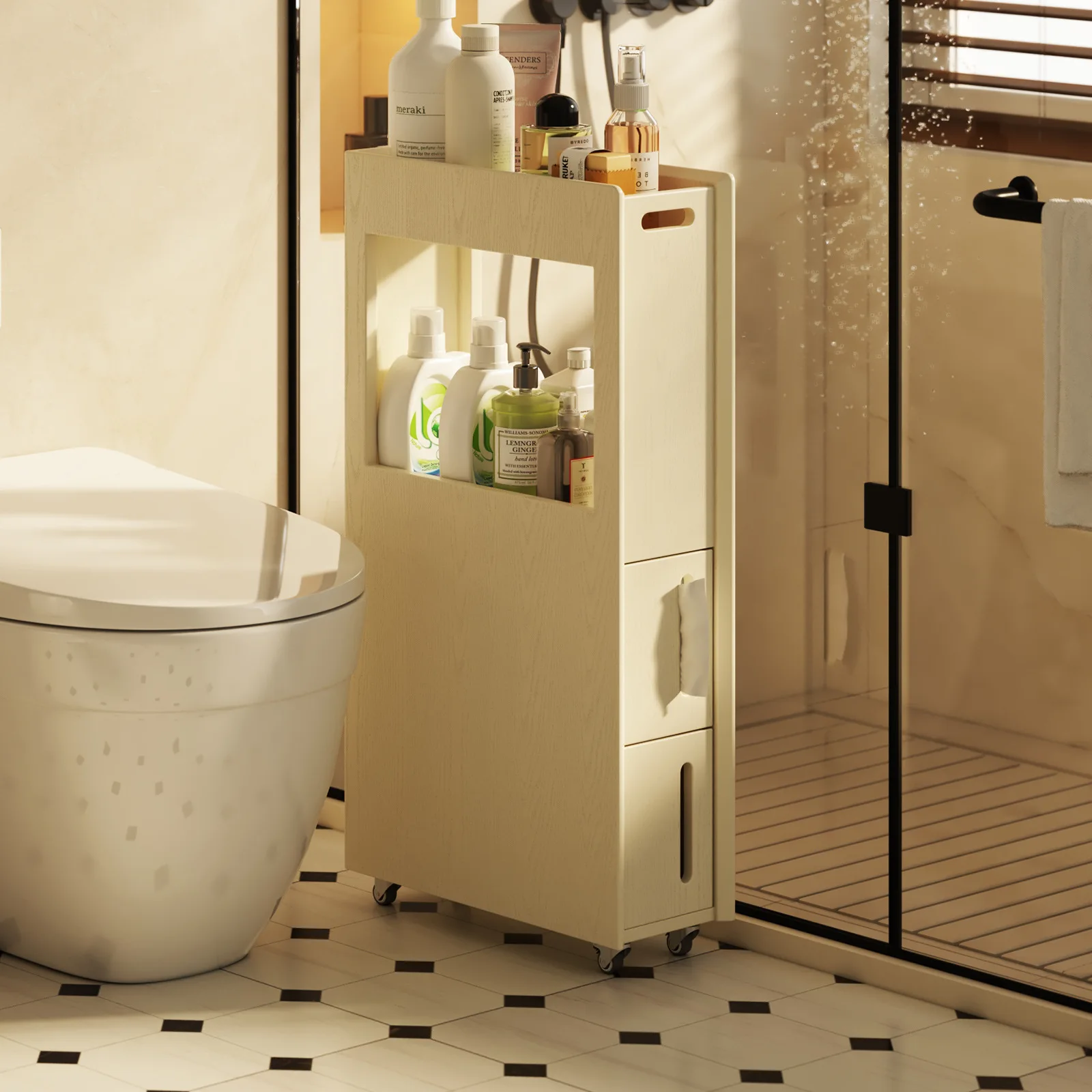 Solid wood bathroom crevice cabinet ultra-narrow storage removable balcony bathroom toilet side cabinet