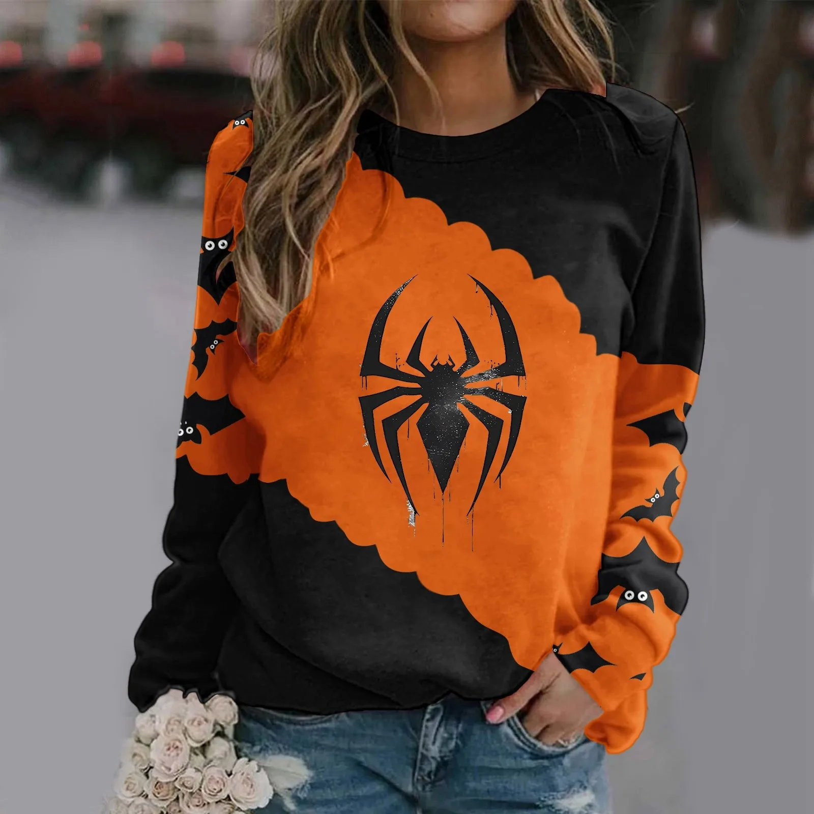 Ponadgabarytowa damska bluza z kapturem na Halloween z okrągłym dekoltem i długim rękawem Slim-Fit Hoodie Casual Trend All-In-One Pullover