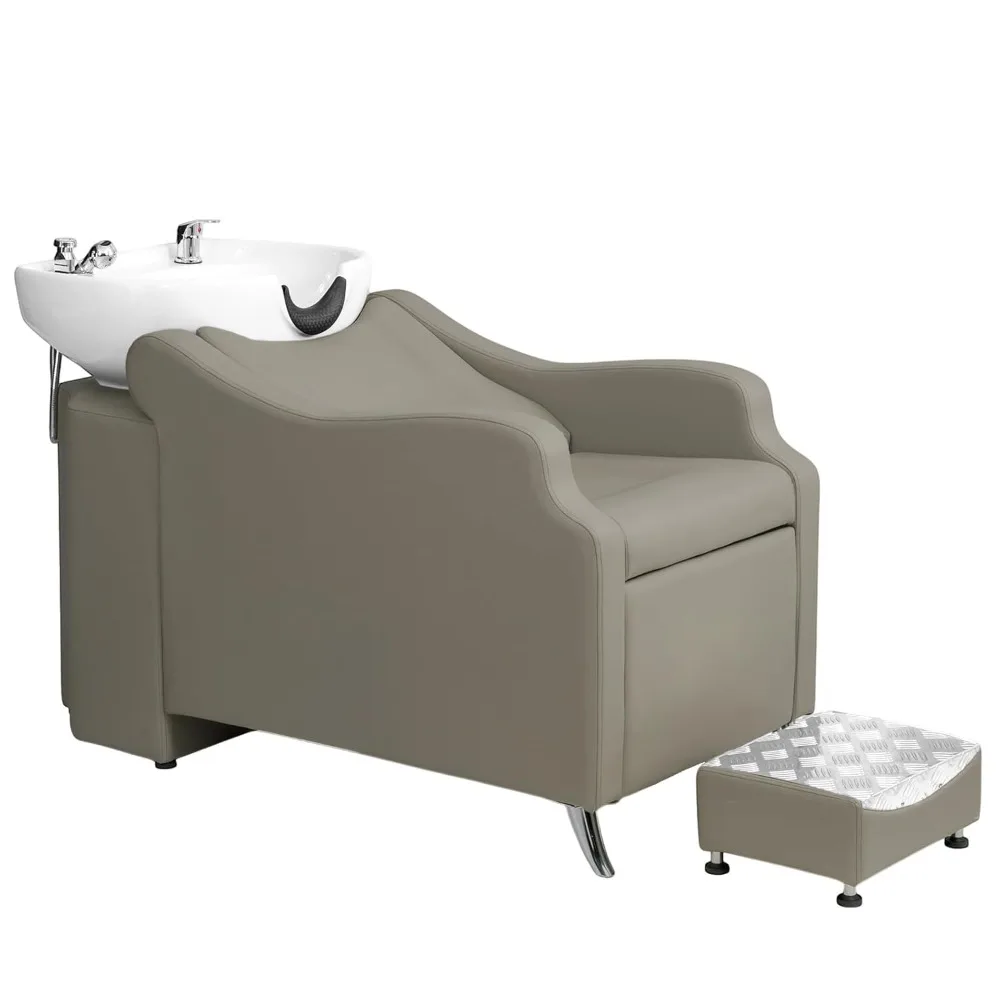 

Shampoo Backwash Unit with White Porcelain Bowl, Salon Sink Hair Wash Chair Shampoo Station, Barbershop Beauty Spa Massage Hair