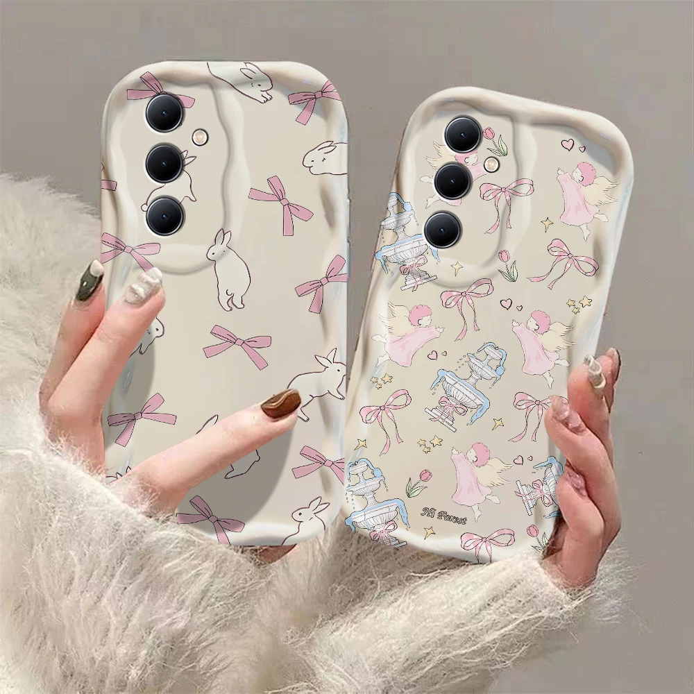 Cute pink bow bunny cat 3D Wave Phone Case For Samsung Galaxy S24 S23 S21 S20 FE Plus Ultra 4G 5G Soft Silicone Back Cover