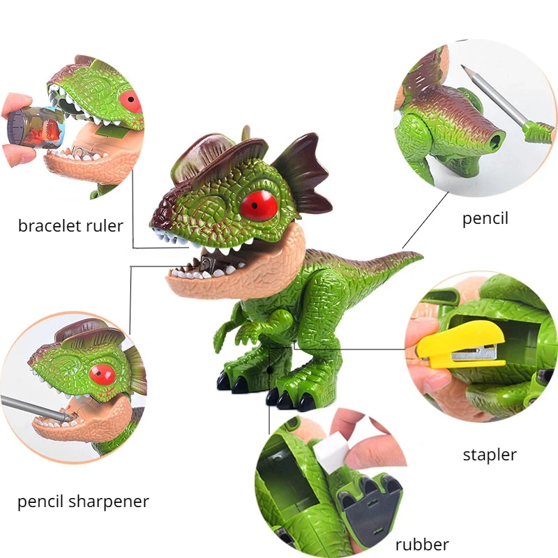 

Dinosaur Toy 5-in-1 Pencil Sharpener Stapler Eraser Ruler Stationery Set Flexible Limbs Realistic Shapes Dinosaur Assembly KitDi