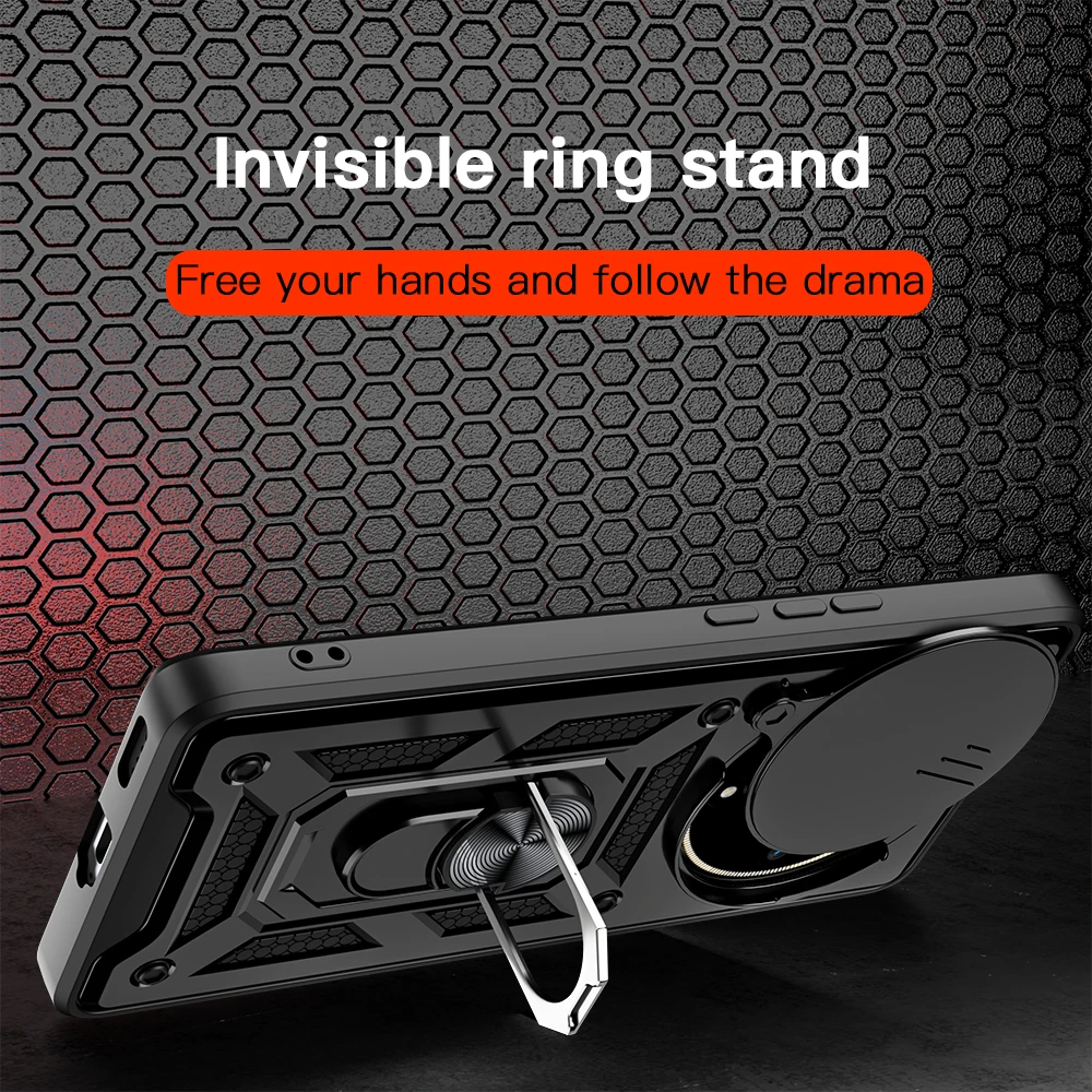KEYSION Shockproof Case for HONOR X9b 5G Slide Camera Lens Protection Ring Stand Phone Cover for Huawei Honor Magic 6 Lite 5G