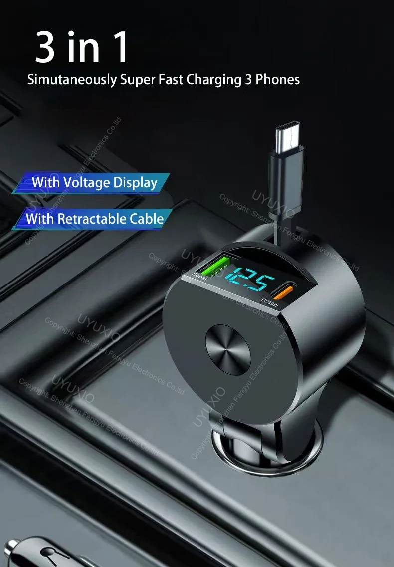 USB C Car Charger 65W Super Fast Charge with Voltage Display PD 30W Retractable Type C Cable for iPhone 16 Pro Max 15 Samsung
