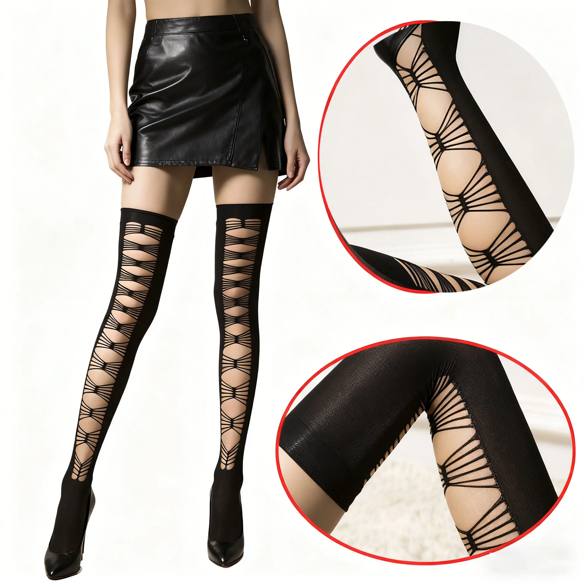 

Sexy Fashionable Thigh-High Stockings Lace-Up Stylish Over-The-Knee Socks Pantyhose Hold on Caring Lady Fishnet Tights for Women