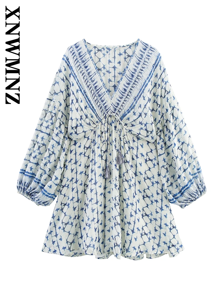 XNWMNZ 2025 Wiosna Kobieta Moda boho V-Collar Print mini sukienki Szykowne wakacje Lato Kobieta Niebieski długi rękaw Sukienka w kratę Krawat