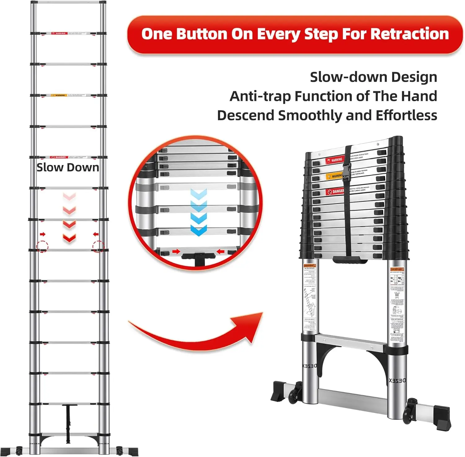 Ladders Stainless Steel Telescopic Ladder - Multi-Button Retraction Collapsible Ladder for Home,RV,Loft, Lasts 375 LBS with 2 Tr