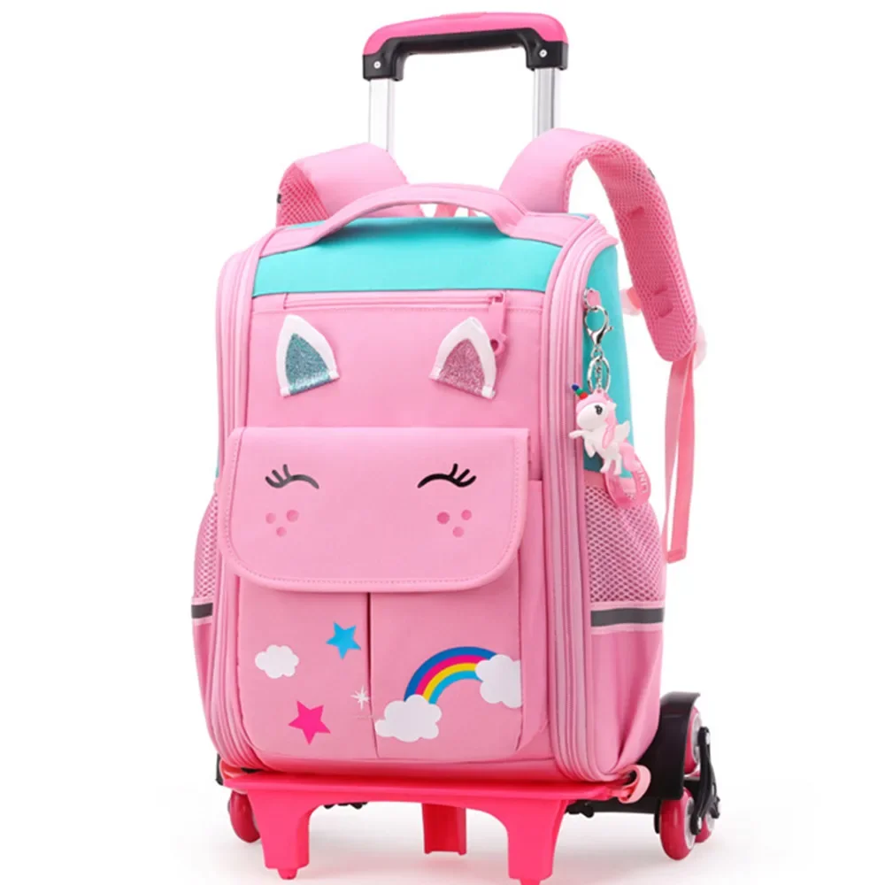 Crianças dos desenhos animados trole saco de escola mochila bookbag para gril crianças 3/6 rodas mochila estudante bolsa destacável puxar haste caso