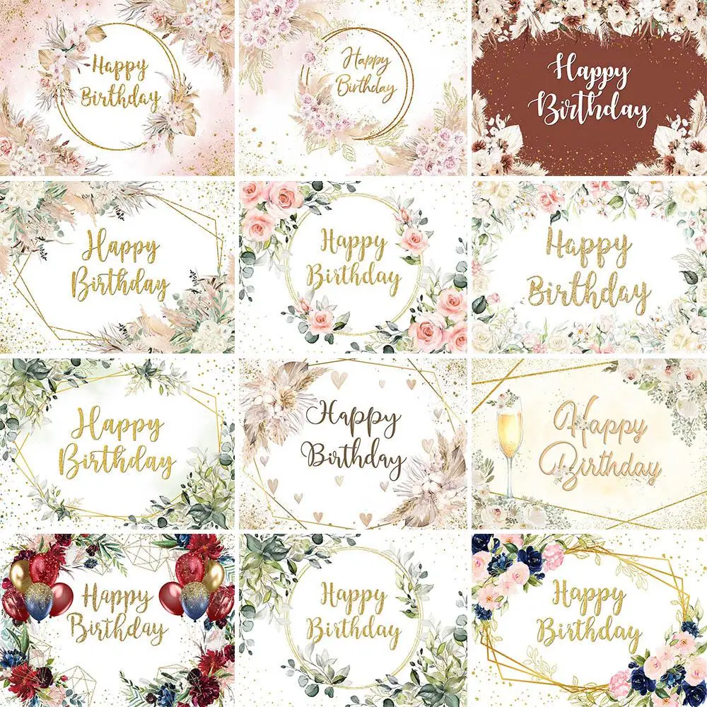 

Mocsicka Happy Birthday Backdrop Pink Flower Green Leaves Bohemian Girl Women Birthday Party Decoration Custom Background Banner