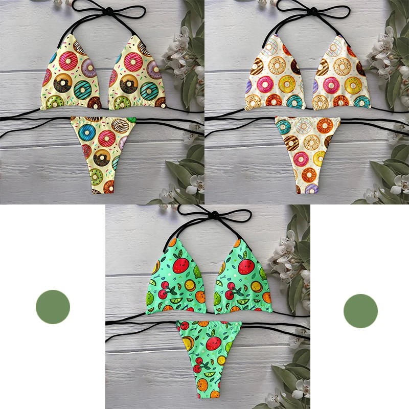 New donut cartoon fruit pattern swimsuit ladies fashion 3D printing bikini set summer beach vacation novelty lace-up bikini