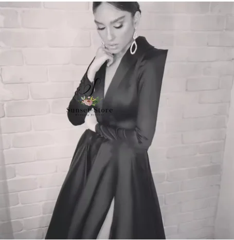 Customized Black Long Mermaid Evening Gown High Side Slit Deep V Neck Long Sleeve Formal Prom Dress Arabian Dubai Party Dress