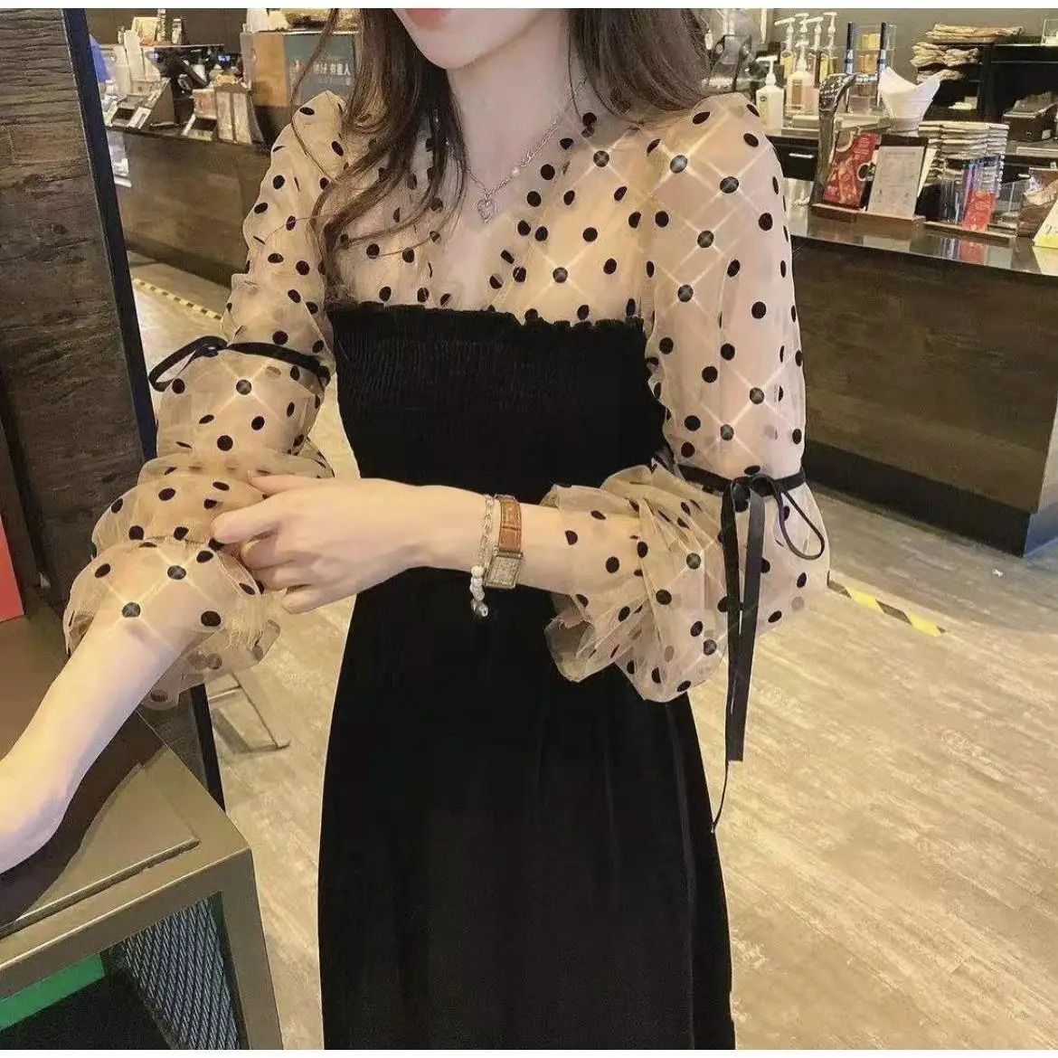 

V-neck Mesh Patchwork Strapless Halterneck Dress Woman Autumn Sweet Long Sleeve Mid-length Dress Female Elegant Polka Dot Dress