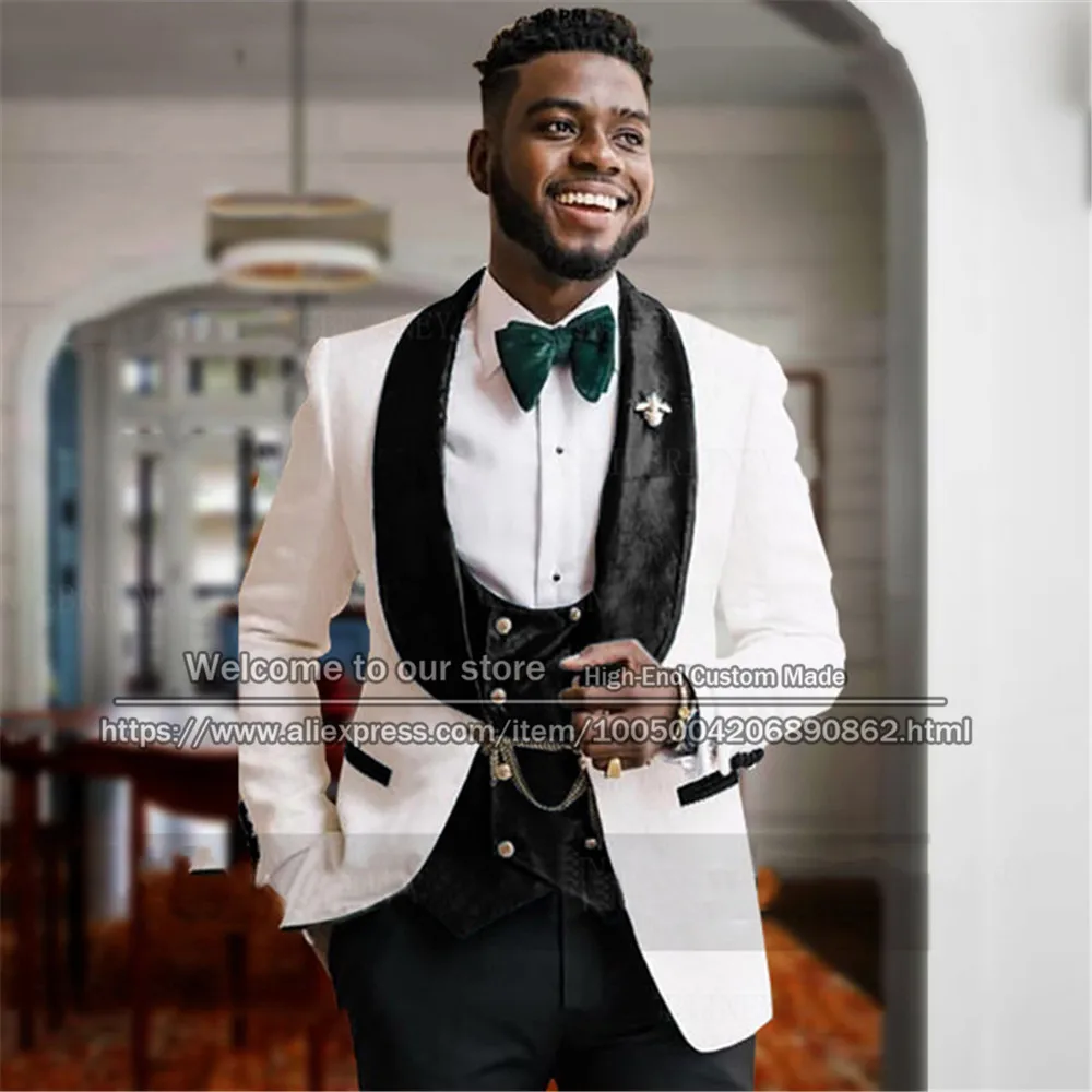 

White Jacquard Wedding Suits For Men Tailor-Made 3 Pieces Formal Groom Wear Coat Vest Pants 3 Pieces Groomsman Tuxedo Party Set