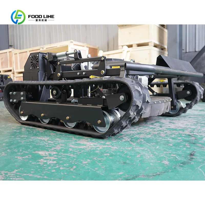 Customized All-Terrain Tank Track Remote Lawn Mower With Snow Blade Attachment