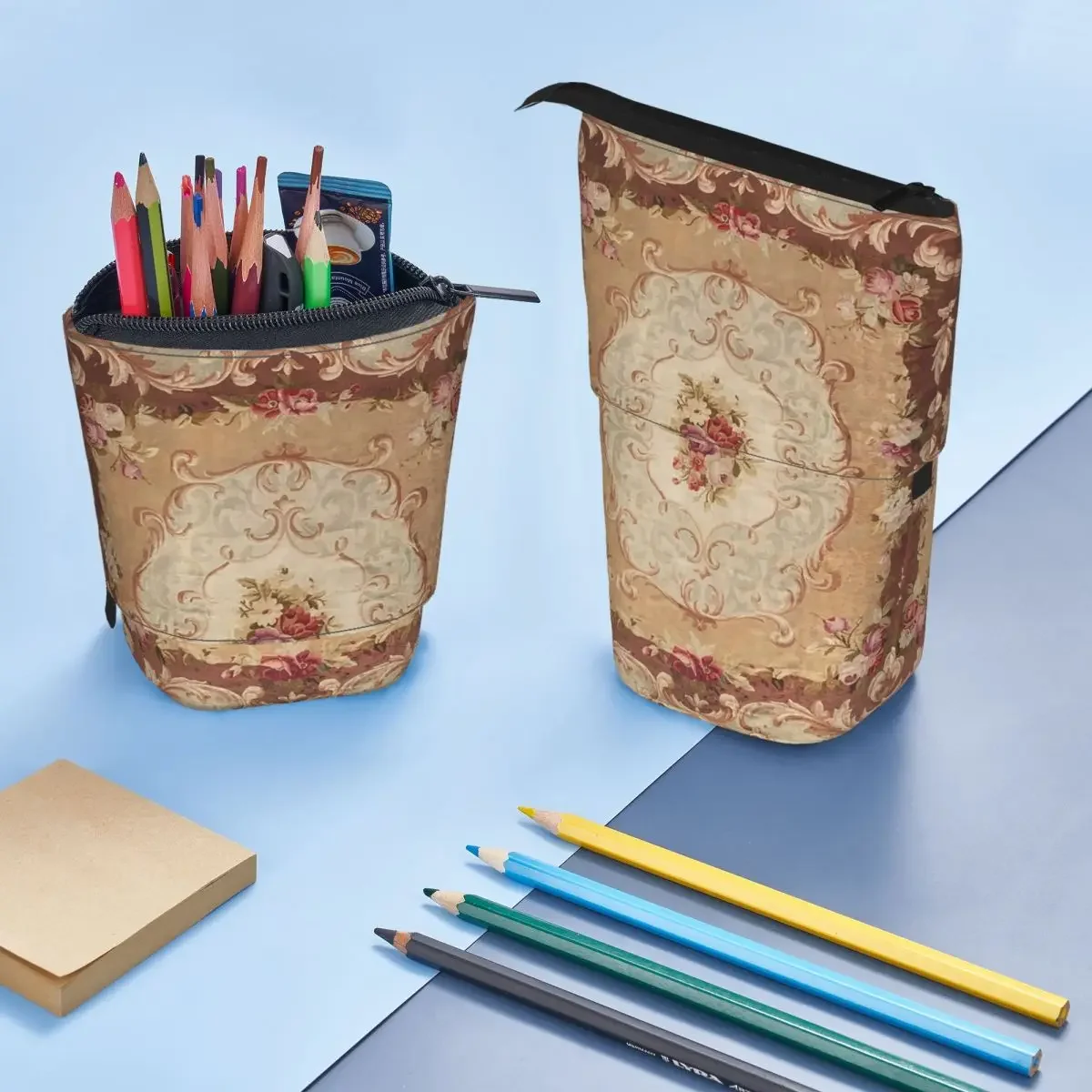 Antiker französischer Aubusson-Teppich mit Rosenmuster, bedrucktes, wendbares Federmäppchen für Jungen und Mädchen, Schule, Stiftbox, Bleistiftbeutel, Schreibwaren