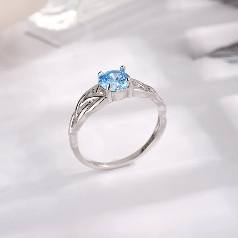خاتم فضة S925 فاخر أزرق فاتح خاتم ألماس مستدير شخصية أنيقة خاتم نسائي بسيط #1