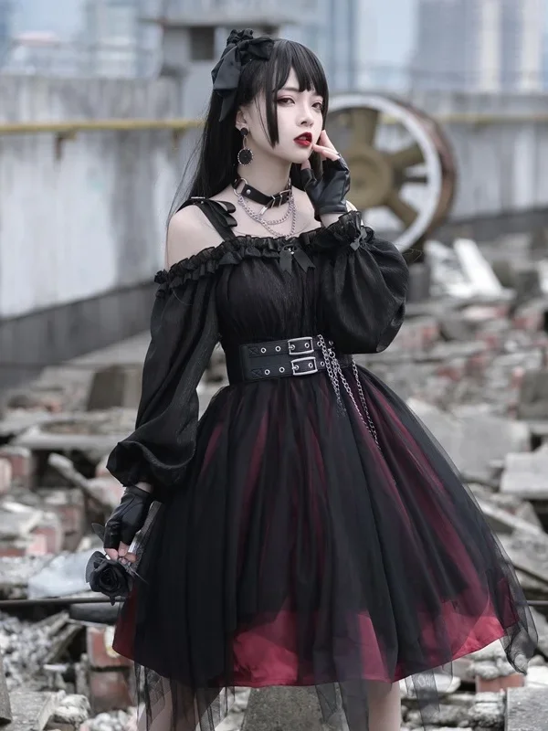 Japanese Gothic Cosplay Dress Irregular Dark Gothic Lolita Dress Lolita Long Sleeve Cosplay Costume