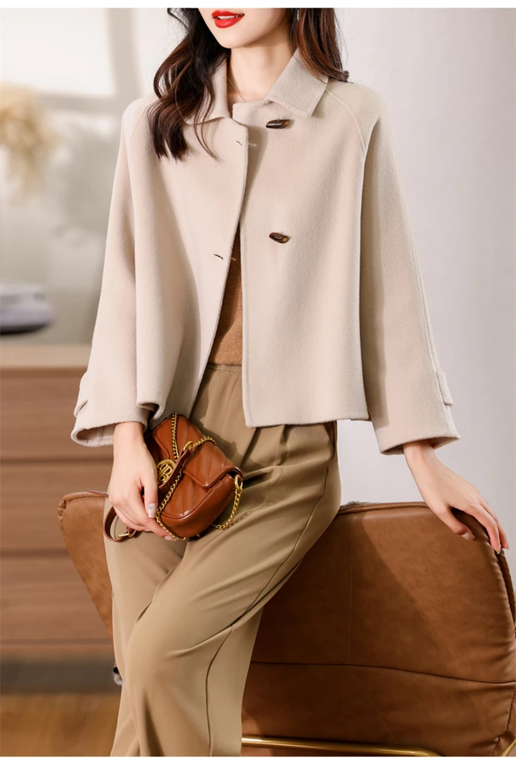 100% Merino Pure Wool Handmade Double-Sided Cloth Chic Coat Women's Short Oxhorn Button Heavy Coat High Street Elegant Top
