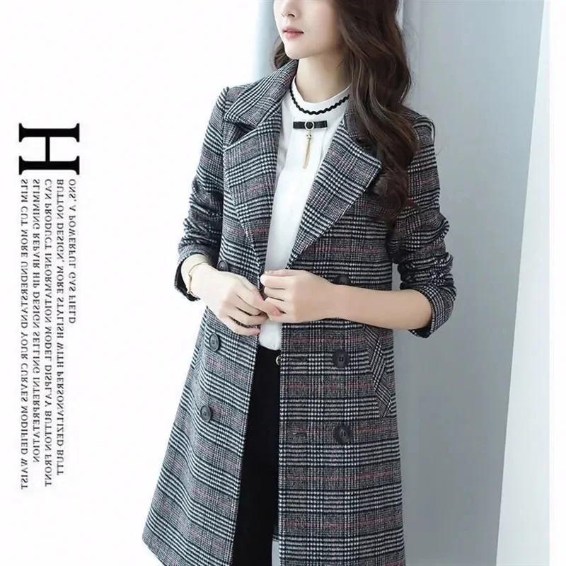 

Autumn Winter Warm Plaid Long Blend Coats Women Lapel Single Button Big Pockets Casual Commute Jackets Chic Office Lady Outwears