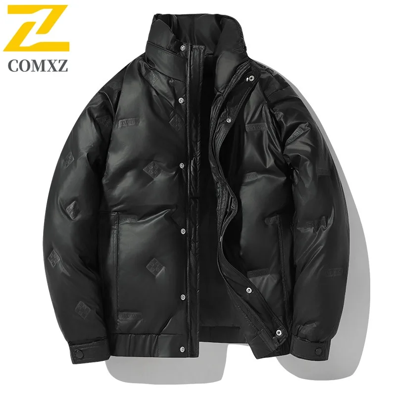 

COMXZ Men Short Down Jacket Korean Fashion Windproof Leather Parka Classic Detachable Hood Outdoors Lightweight Winter Coat